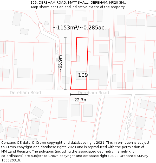 109, DEREHAM ROAD, MATTISHALL, DEREHAM, NR20 3NU: Plot and title map