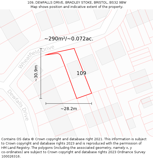 109, DEWFALLS DRIVE, BRADLEY STOKE, BRISTOL, BS32 9BW: Plot and title map