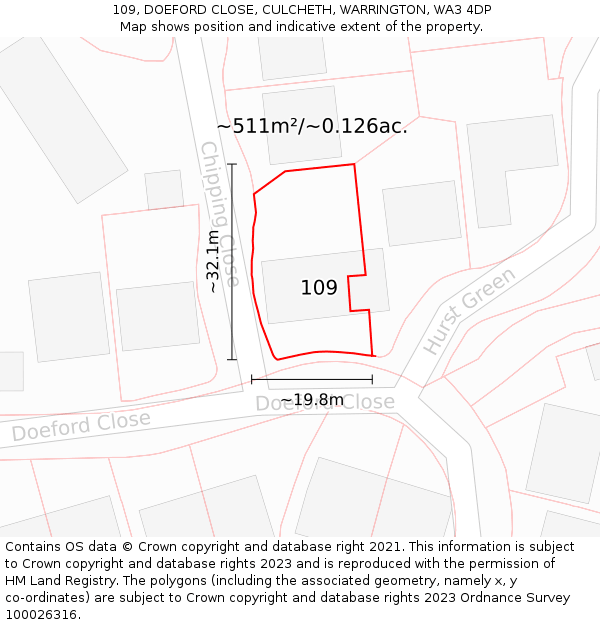 109, DOEFORD CLOSE, CULCHETH, WARRINGTON, WA3 4DP: Plot and title map