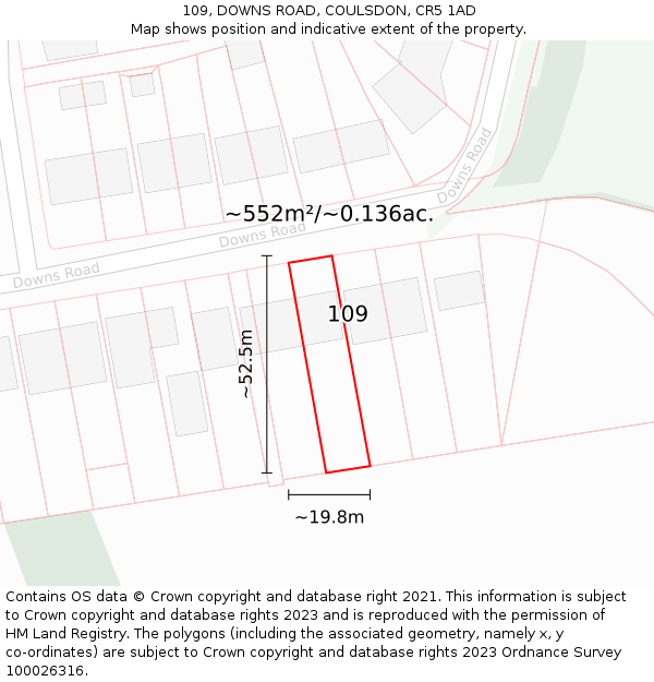 109, DOWNS ROAD, COULSDON, CR5 1AD: Plot and title map