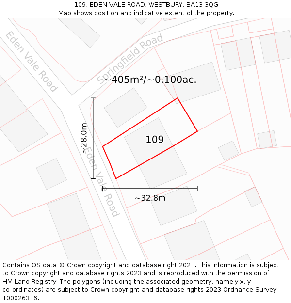 109, EDEN VALE ROAD, WESTBURY, BA13 3QG: Plot and title map