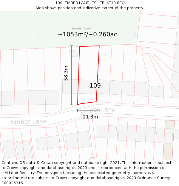 109, EMBER LANE, ESHER, KT10 8EQ: Plot and title map