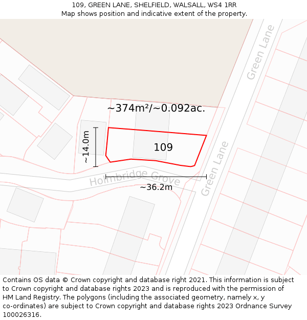 109, GREEN LANE, SHELFIELD, WALSALL, WS4 1RR: Plot and title map