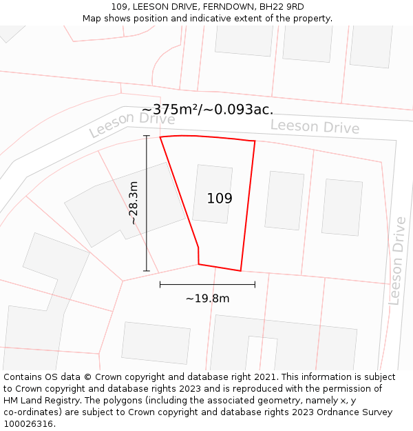 109, LEESON DRIVE, FERNDOWN, BH22 9RD: Plot and title map