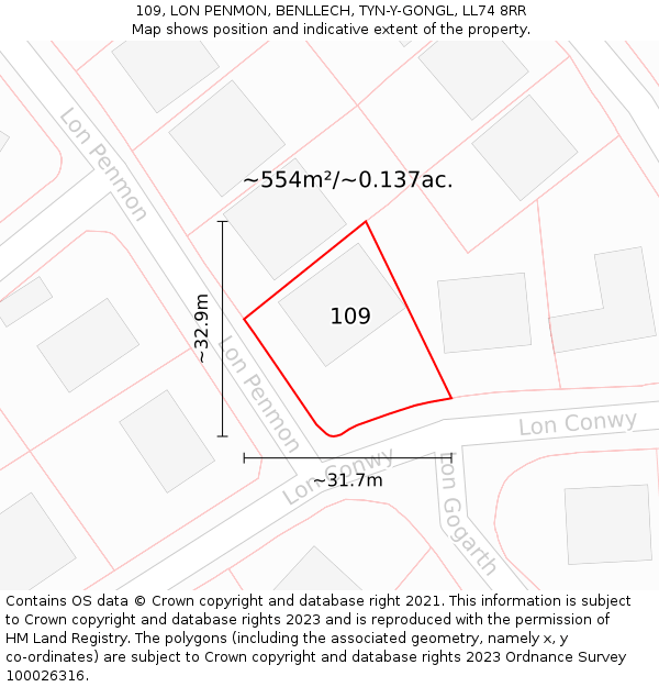 109, LON PENMON, BENLLECH, TYN-Y-GONGL, LL74 8RR: Plot and title map