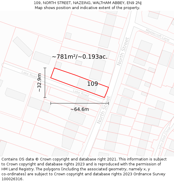 109, NORTH STREET, NAZEING, WALTHAM ABBEY, EN9 2NJ: Plot and title map