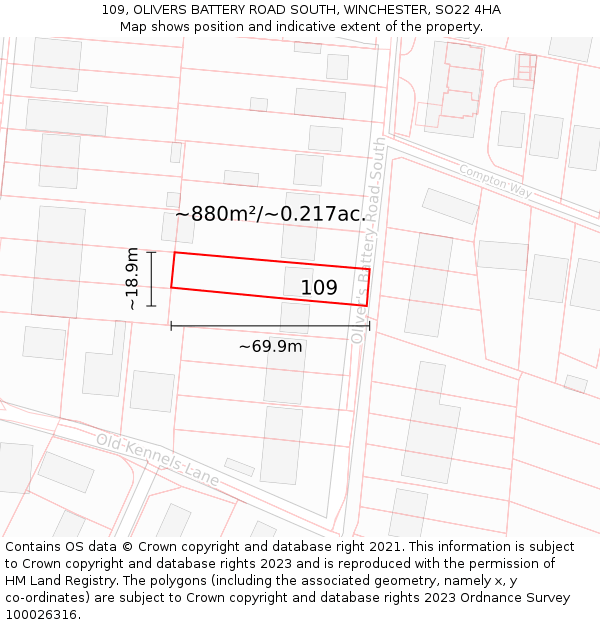 109, OLIVERS BATTERY ROAD SOUTH, WINCHESTER, SO22 4HA: Plot and title map