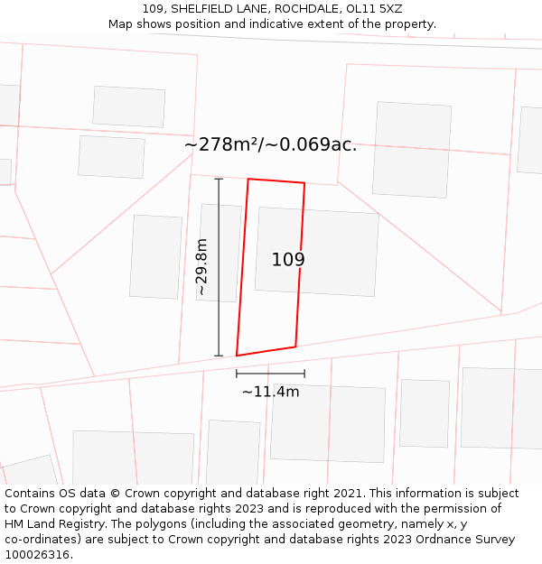 109, SHELFIELD LANE, ROCHDALE, OL11 5XZ: Plot and title map