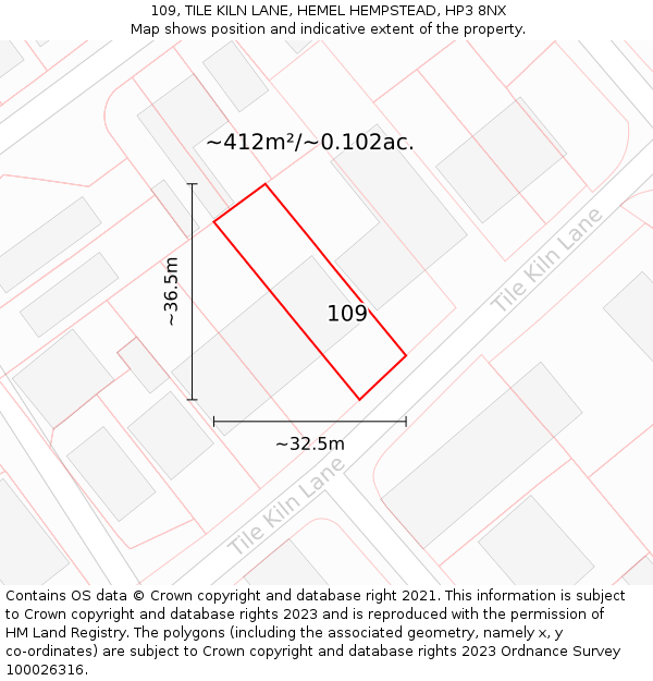 109, TILE KILN LANE, HEMEL HEMPSTEAD, HP3 8NX: Plot and title map