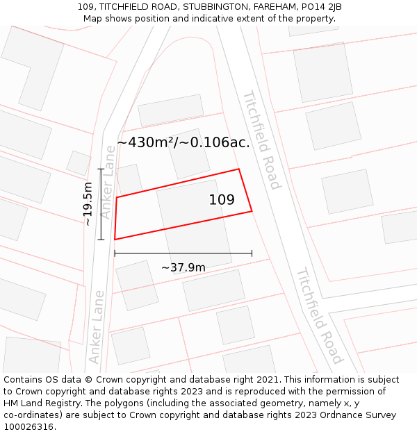 109, TITCHFIELD ROAD, STUBBINGTON, FAREHAM, PO14 2JB: Plot and title map