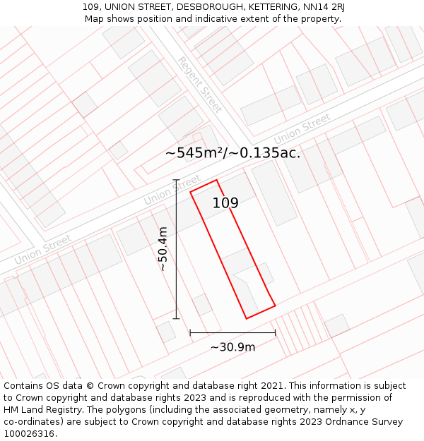 109, UNION STREET, DESBOROUGH, KETTERING, NN14 2RJ: Plot and title map