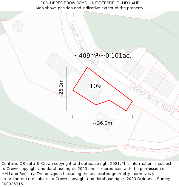 109, UPPER BROW ROAD, HUDDERSFIELD, HD1 4UP: Plot and title map