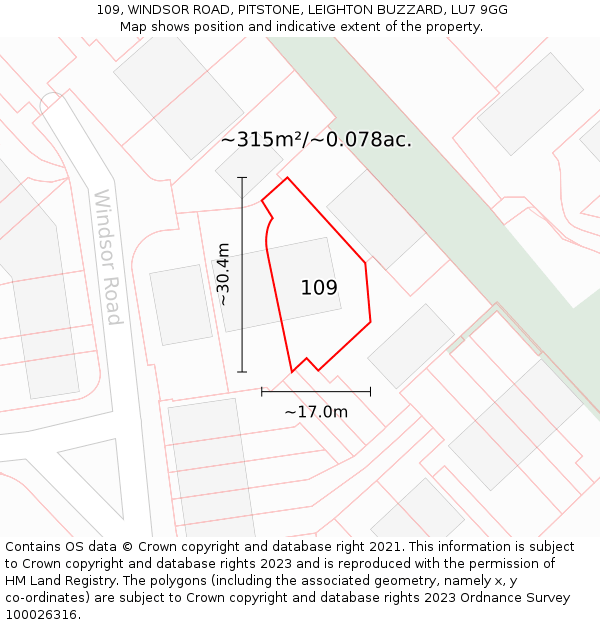 109, WINDSOR ROAD, PITSTONE, LEIGHTON BUZZARD, LU7 9GG: Plot and title map