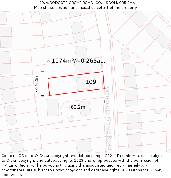 109, WOODCOTE GROVE ROAD, COULSDON, CR5 2AN: Plot and title map