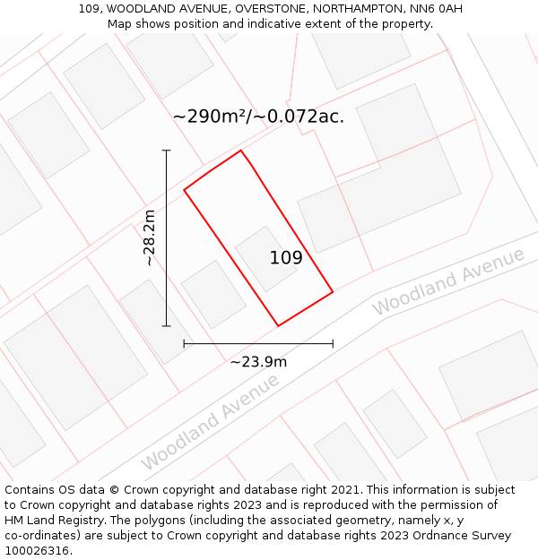 109, WOODLAND AVENUE, OVERSTONE, NORTHAMPTON, NN6 0AH: Plot and title map