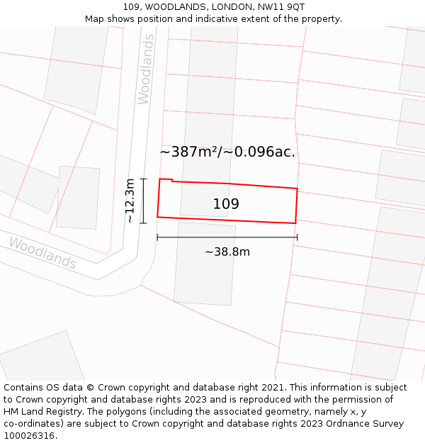 109, WOODLANDS, LONDON, NW11 9QT: Plot and title map