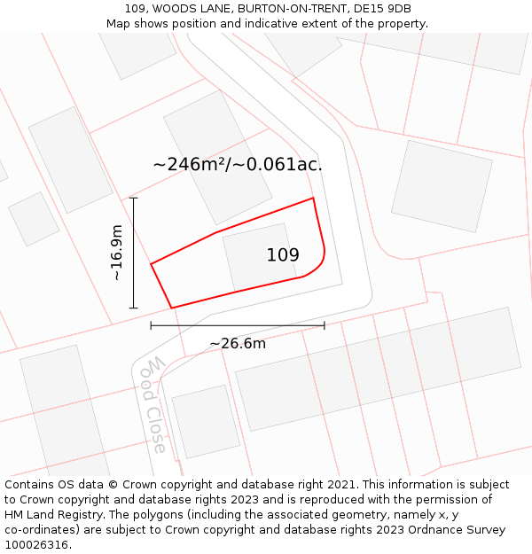109, WOODS LANE, BURTON-ON-TRENT, DE15 9DB: Plot and title map