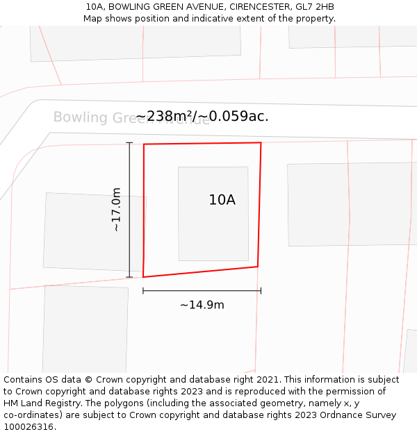 10A, BOWLING GREEN AVENUE, CIRENCESTER, GL7 2HB: Plot and title map