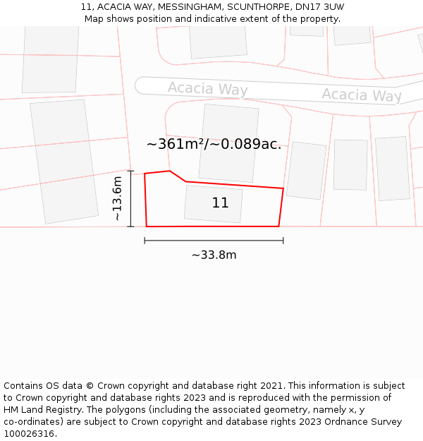 11, ACACIA WAY, MESSINGHAM, SCUNTHORPE, DN17 3UW: Plot and title map