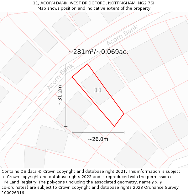 11, ACORN BANK, WEST BRIDGFORD, NOTTINGHAM, NG2 7SH: Plot and title map