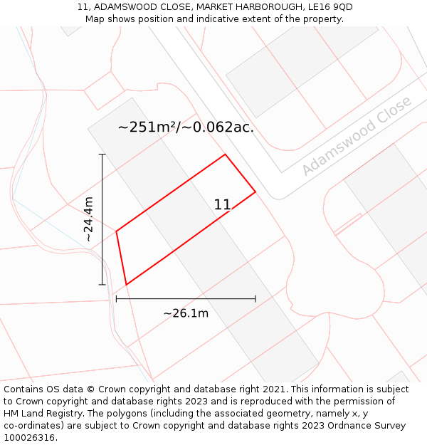 11, ADAMSWOOD CLOSE, MARKET HARBOROUGH, LE16 9QD: Plot and title map