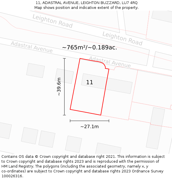 11, ADASTRAL AVENUE, LEIGHTON BUZZARD, LU7 4RQ: Plot and title map