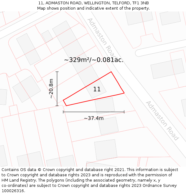 11, ADMASTON ROAD, WELLINGTON, TELFORD, TF1 3NB: Plot and title map