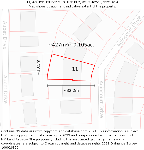 11, AGINCOURT DRIVE, GUILSFIELD, WELSHPOOL, SY21 9NA: Plot and title map