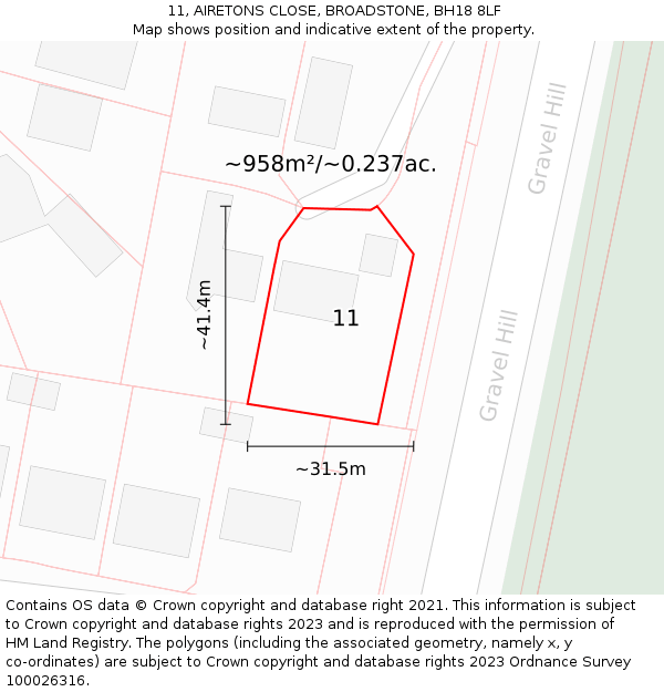 11, AIRETONS CLOSE, BROADSTONE, BH18 8LF: Plot and title map