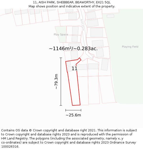 11, AISH PARK, SHEBBEAR, BEAWORTHY, EX21 5QL: Plot and title map