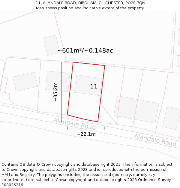 11, ALANDALE ROAD, BIRDHAM, CHICHESTER, PO20 7QN: Plot and title map
