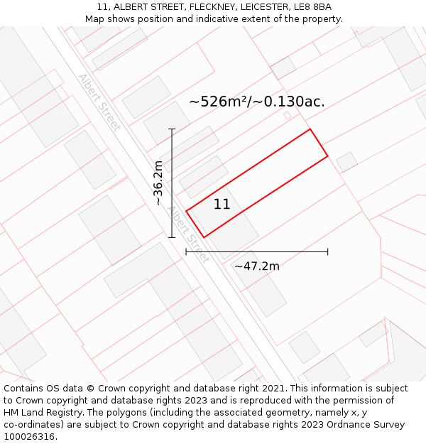 11, ALBERT STREET, FLECKNEY, LEICESTER, LE8 8BA: Plot and title map