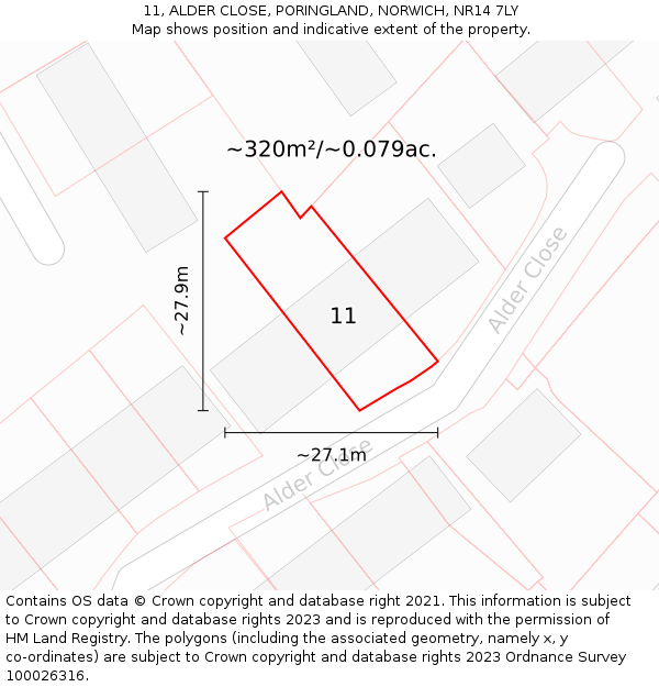 11, ALDER CLOSE, PORINGLAND, NORWICH, NR14 7LY: Plot and title map