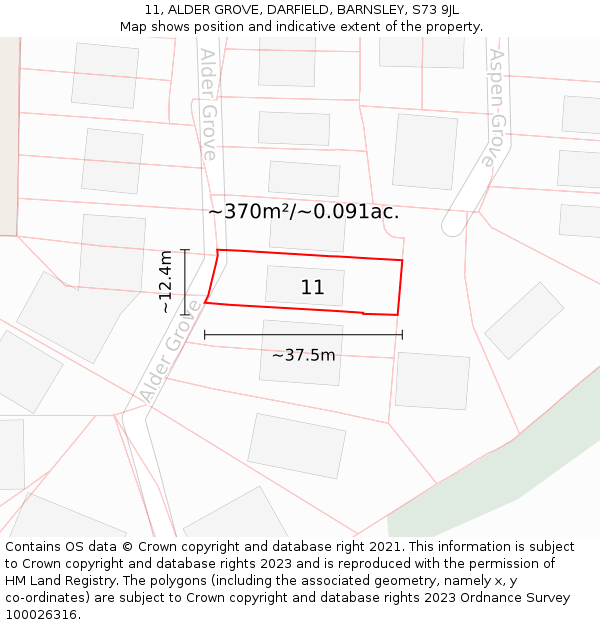 11, ALDER GROVE, DARFIELD, BARNSLEY, S73 9JL: Plot and title map