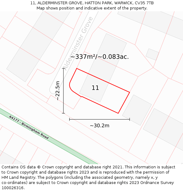 11, ALDERMINSTER GROVE, HATTON PARK, WARWICK, CV35 7TB: Plot and title map