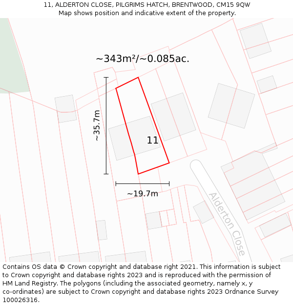 11, ALDERTON CLOSE, PILGRIMS HATCH, BRENTWOOD, CM15 9QW: Plot and title map