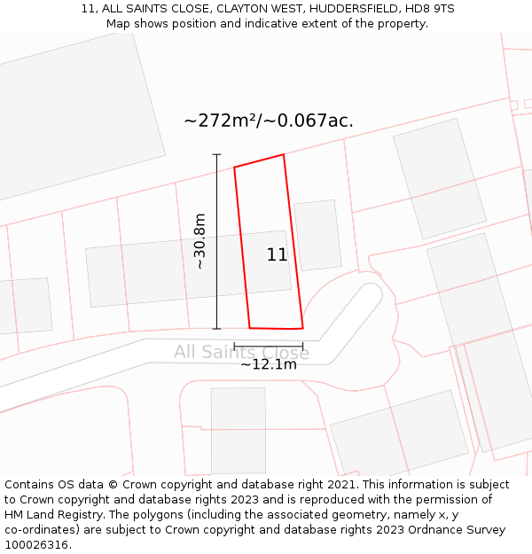 11, ALL SAINTS CLOSE, CLAYTON WEST, HUDDERSFIELD, HD8 9TS: Plot and title map