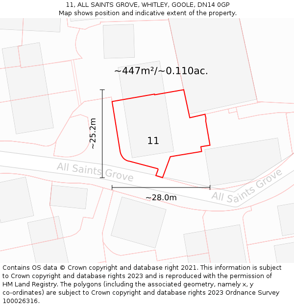 11, ALL SAINTS GROVE, WHITLEY, GOOLE, DN14 0GP: Plot and title map