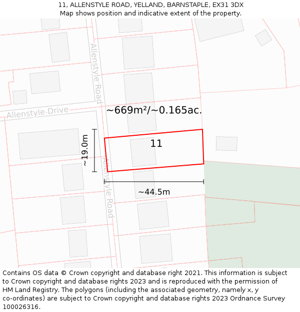 11, ALLENSTYLE ROAD, YELLAND, BARNSTAPLE, EX31 3DX: Plot and title map