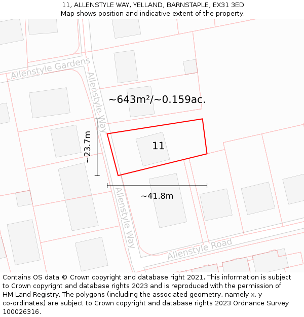 11, ALLENSTYLE WAY, YELLAND, BARNSTAPLE, EX31 3ED: Plot and title map