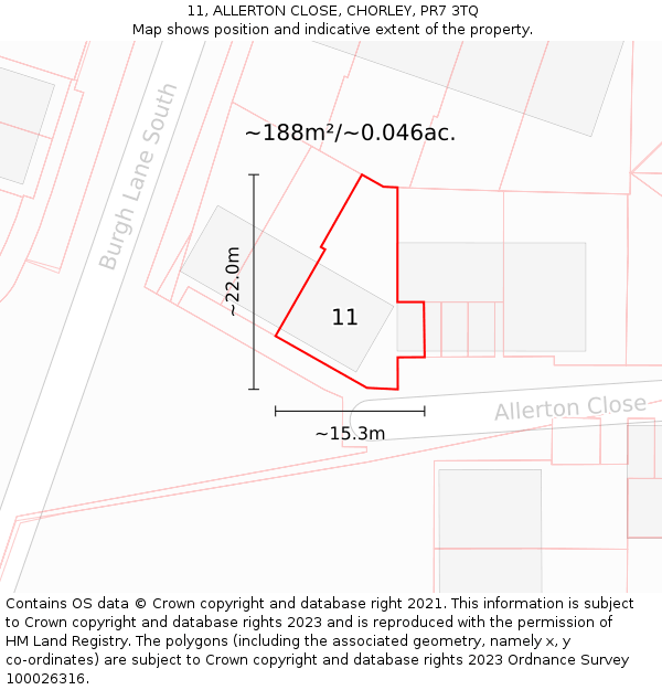 11, ALLERTON CLOSE, CHORLEY, PR7 3TQ: Plot and title map