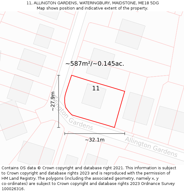 11, ALLINGTON GARDENS, WATERINGBURY, MAIDSTONE, ME18 5DG: Plot and title map