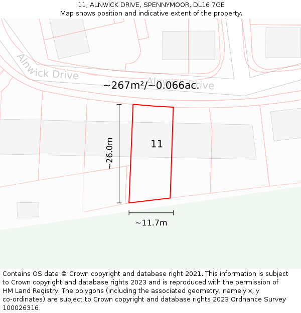 11, ALNWICK DRIVE, SPENNYMOOR, DL16 7GE: Plot and title map