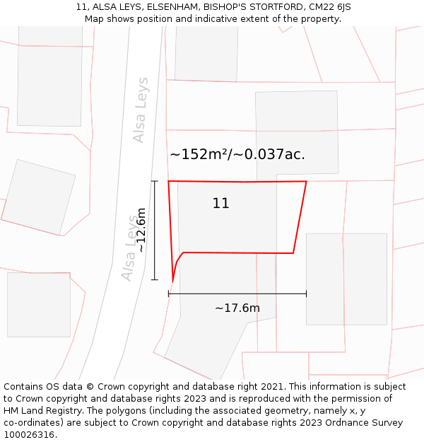 11, ALSA LEYS, ELSENHAM, BISHOP'S STORTFORD, CM22 6JS: Plot and title map