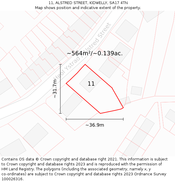 11, ALSTRED STREET, KIDWELLY, SA17 4TN: Plot and title map