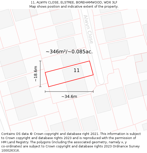 11, ALWYN CLOSE, ELSTREE, BOREHAMWOOD, WD6 3LF: Plot and title map