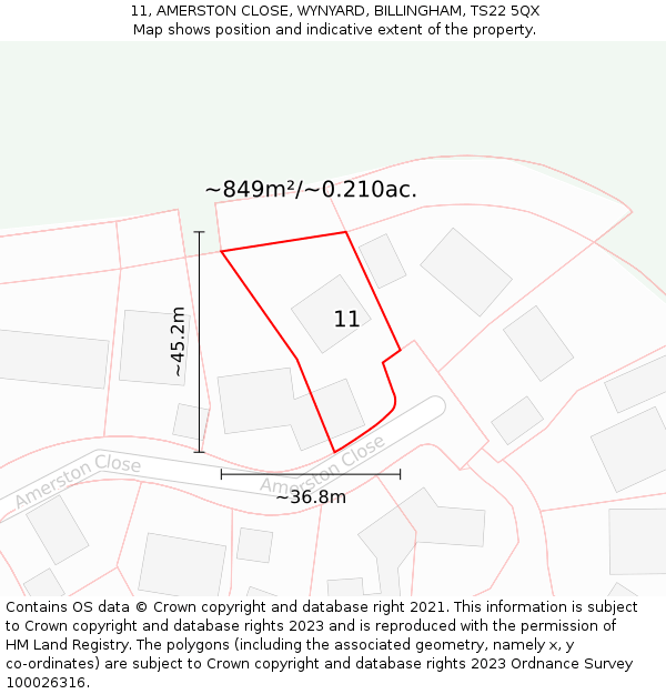 11, AMERSTON CLOSE, WYNYARD, BILLINGHAM, TS22 5QX: Plot and title map