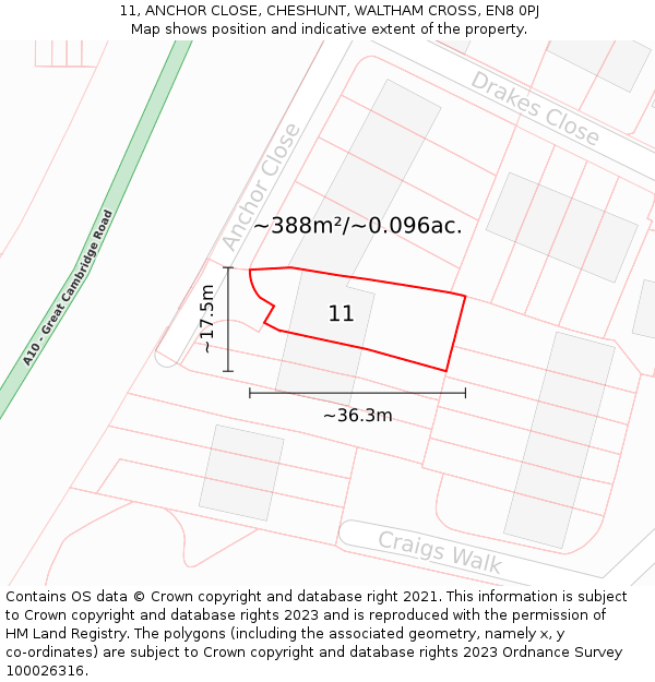 11, ANCHOR CLOSE, CHESHUNT, WALTHAM CROSS, EN8 0PJ: Plot and title map