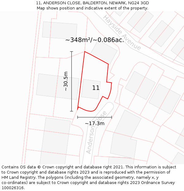 11, ANDERSON CLOSE, BALDERTON, NEWARK, NG24 3GD: Plot and title map