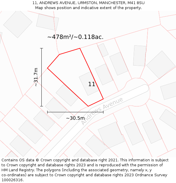 11, ANDREWS AVENUE, URMSTON, MANCHESTER, M41 8SU: Plot and title map